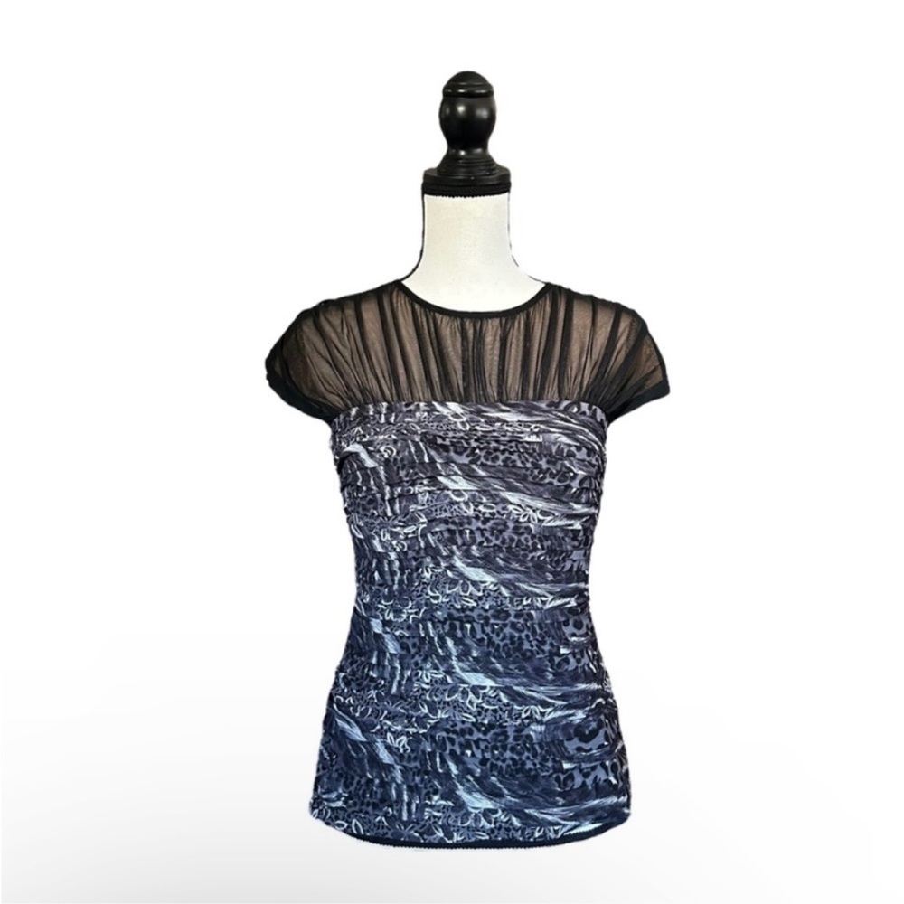 Tadashi Shoji Sheer Mesh Illusion Neck Ruched Animal Print Top Black Gray Small